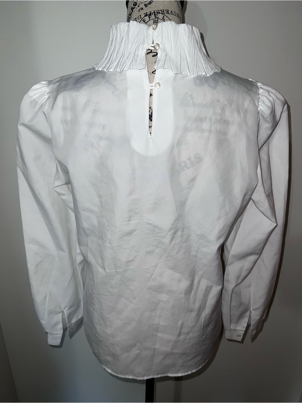 Vintage 80s Rhoda Lee White Pleated Mock Neck Blouse Puff Sleeve Size 10 - Picture 5 of 9